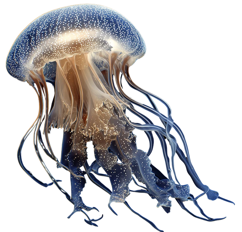 Medusa de color azul oscuro con brillantes motas blancas en su campana