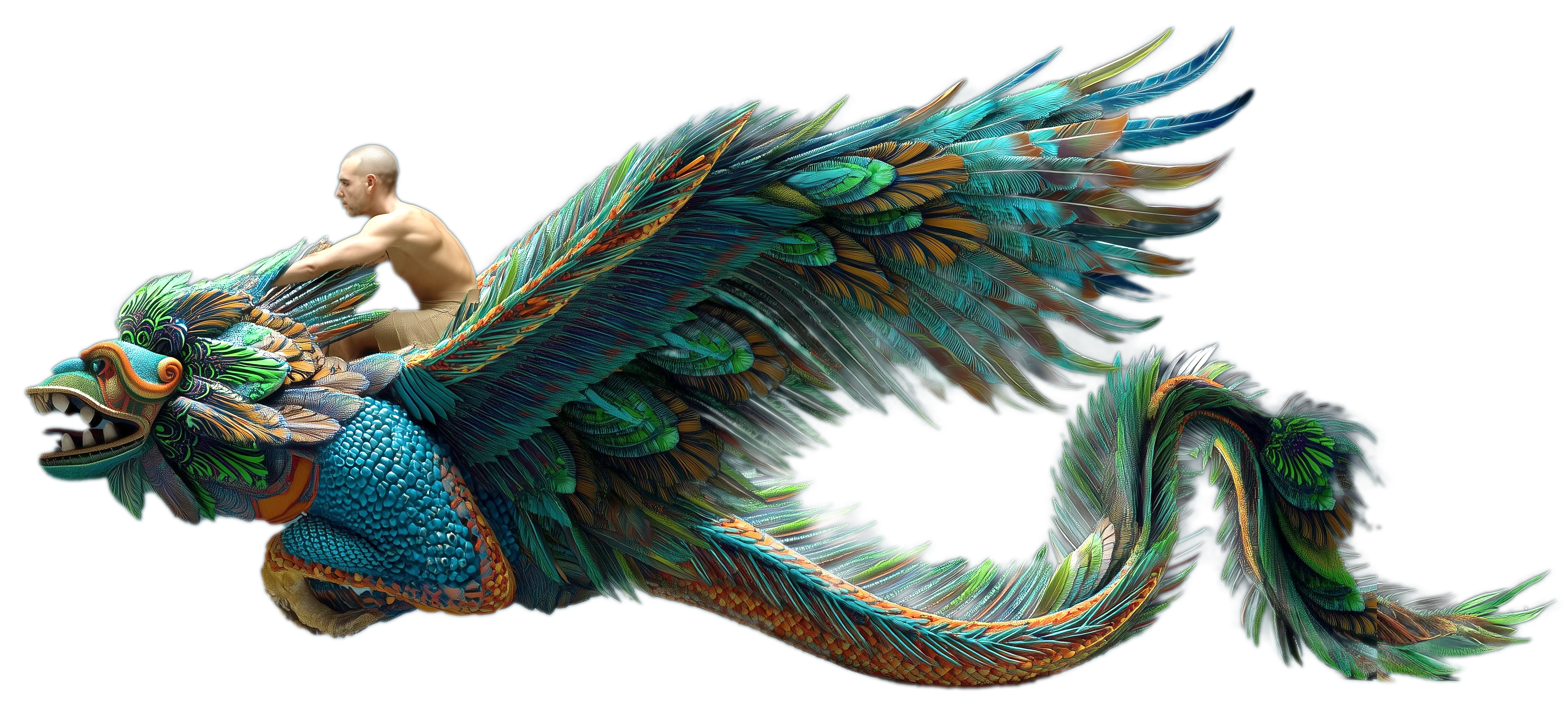 Persona volando sobre una colorida serpiente emplumada mítica