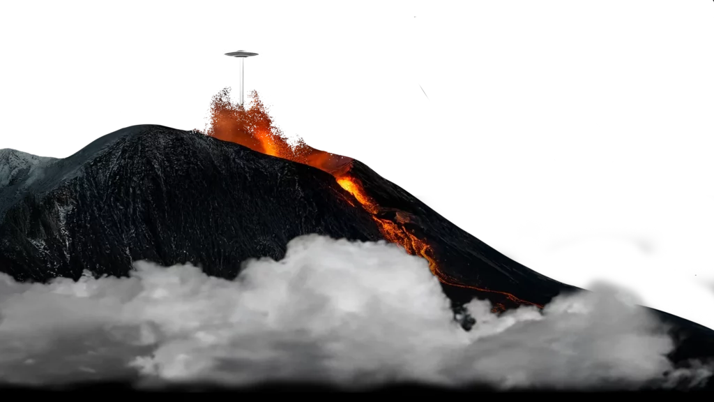 Erupción volcánica con una presencia ovni en la cima
